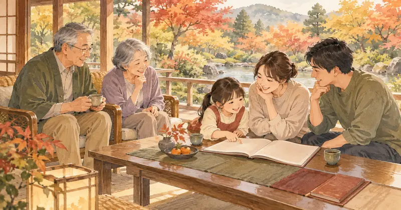 月岡温泉への旅行を相談する三世代家族のイラスト