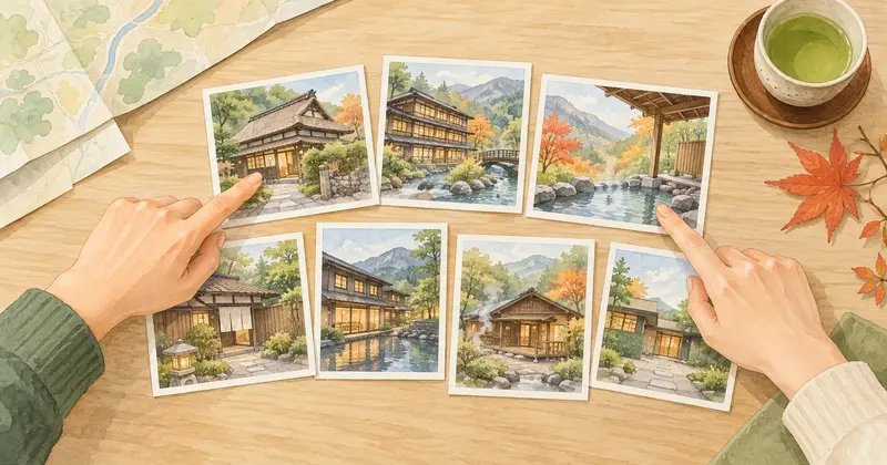 月岡温泉はどこがいいか、七つの宿のイメージカードを並べて比較する様子