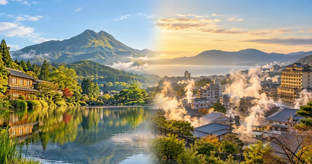 由布院と別府の違いを比較するイメージ。由布岳と湖畔の旅館、湯けむりの立つ別府の温泉街