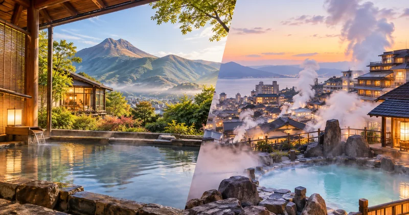 由布院と別府はどっちがいいかを比べる、由布岳を望む露天風呂と湯けむりの温泉街のイメージ