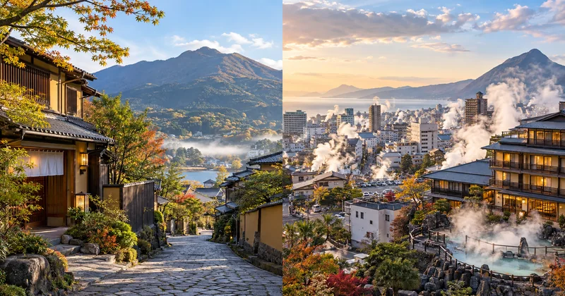 由布院と別府の違いを表現した、静かな旅館街と湯けむりが立つ温泉街の比較イメージ