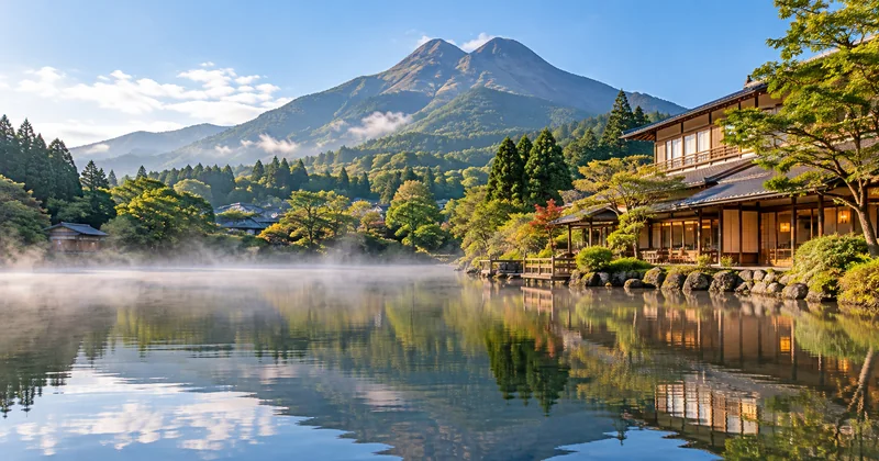 由布院温泉の魅力を表現した、由布岳を背景に朝霧の湖と和風旅館が広がる風景イメージ