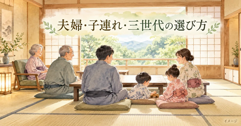 三世代の家族が広い和室でくつろぐ客室選びのイメージイラスト