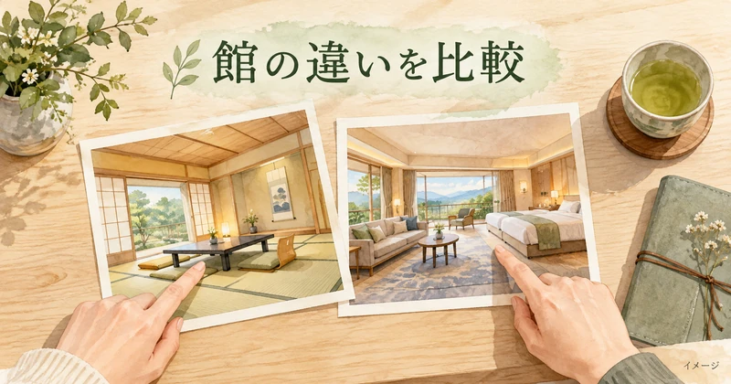 和室とベッド付き客室の資料を見比べて館を選ぶイメージイラスト