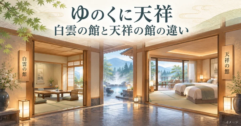 ゆのくに天祥の白雲の館と天祥の館の違いを紹介する客室比較のイメージイラスト