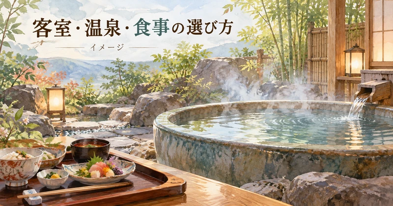 客室・温泉・食事の選び方を表す露天風呂と和食のイメージイラスト