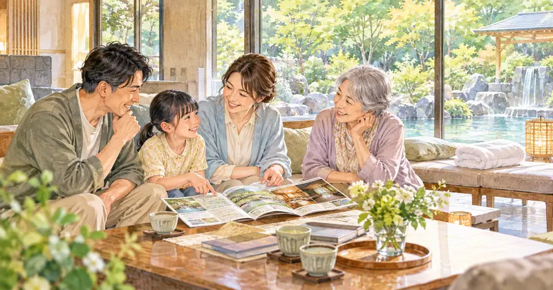湯楽城を利用する宿泊旅行の計画を相談する三世代家族のイメージ